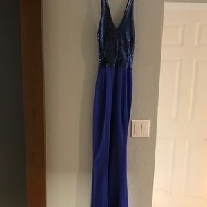 Royal Blue- Sequin Top and satin Bottom with Tie Back Prom Dress- Size 2